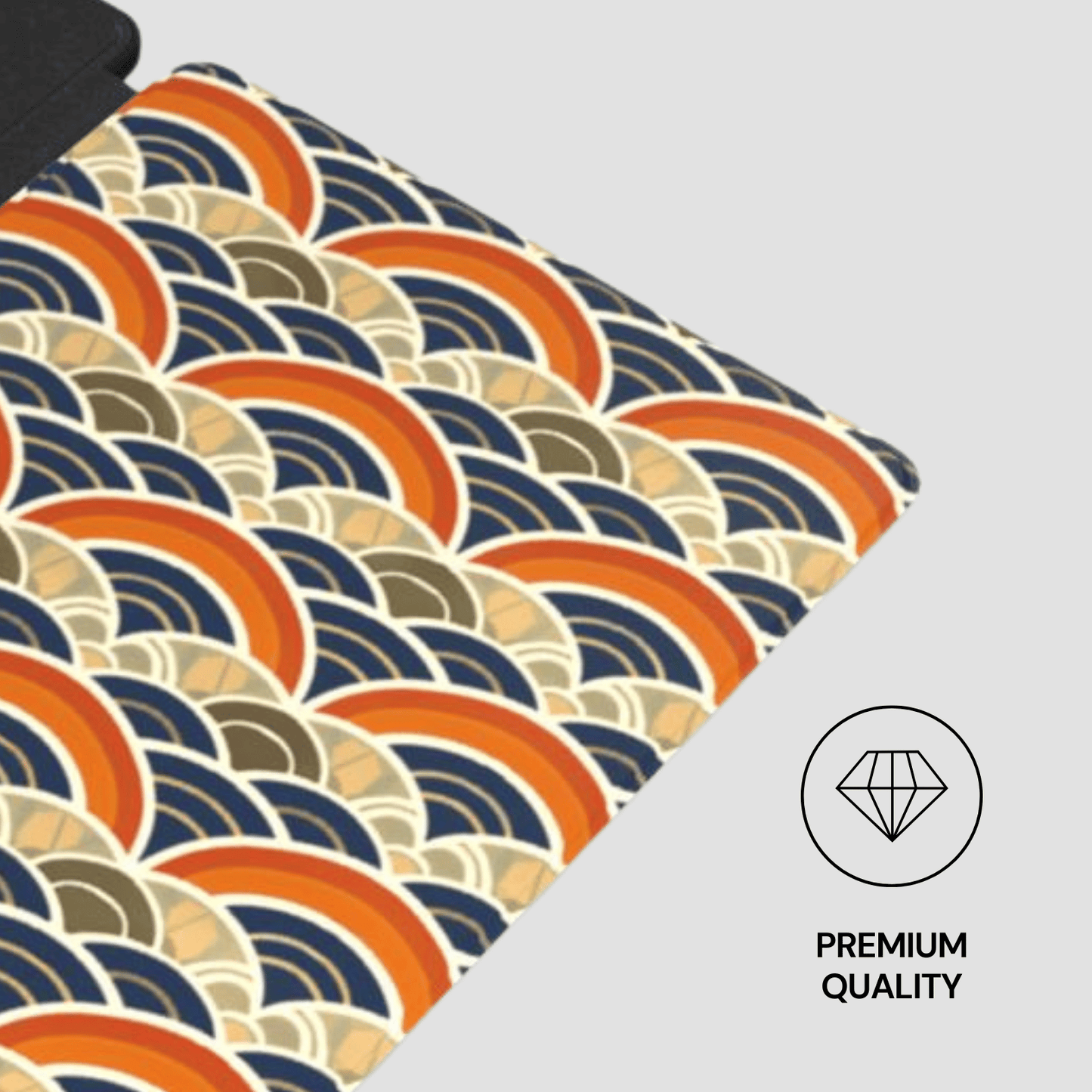 Patterned fabric with orange, blue, and beige colors on a gray background, featuring a 'Premium Quality' label.