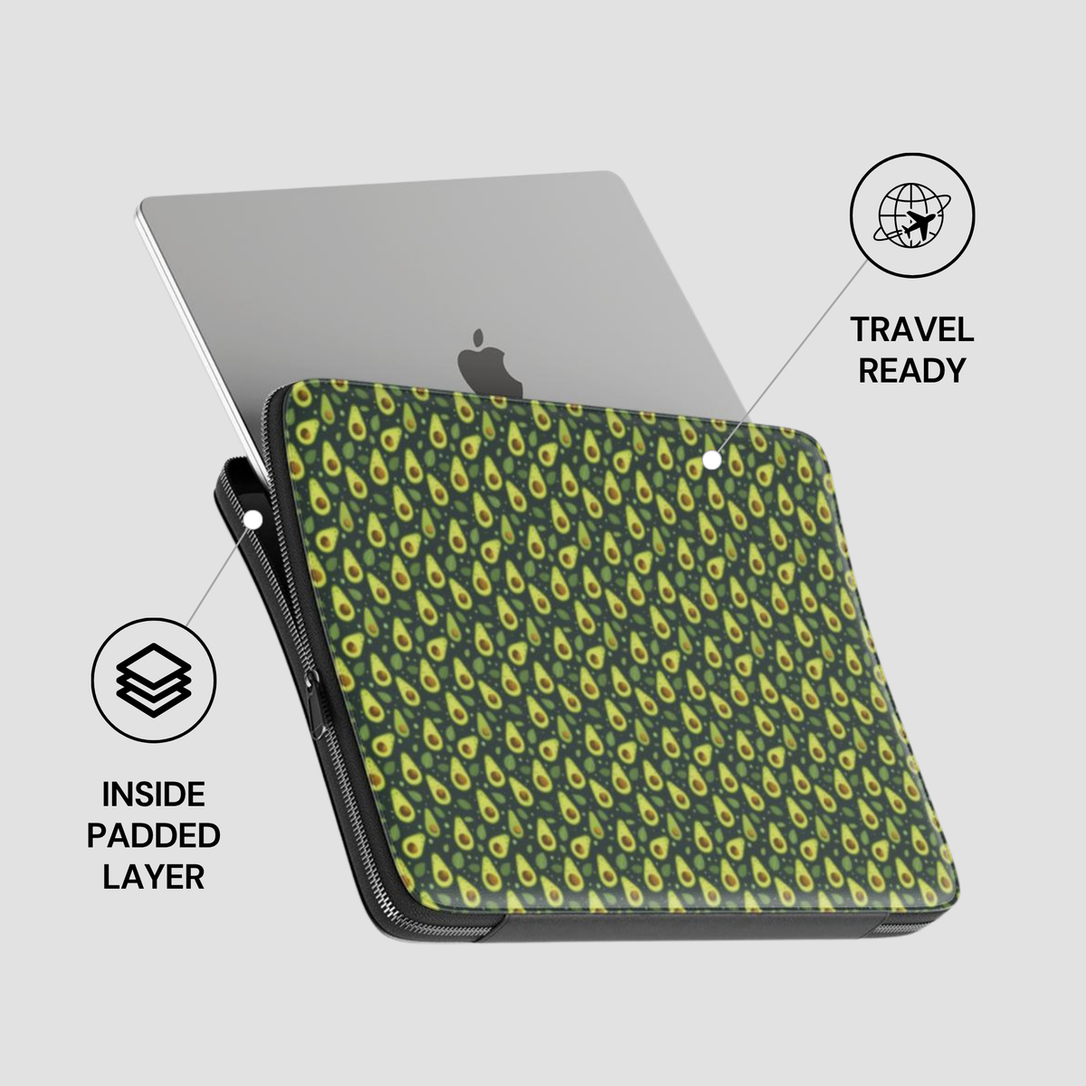 A laptop sleeve with a green avocado pattern, shown fitted on a silver laptop. The image includes graphic callouts highlighting its features: 'INSIDE PADDLED LAYER' and 'TRAVEL READY'.