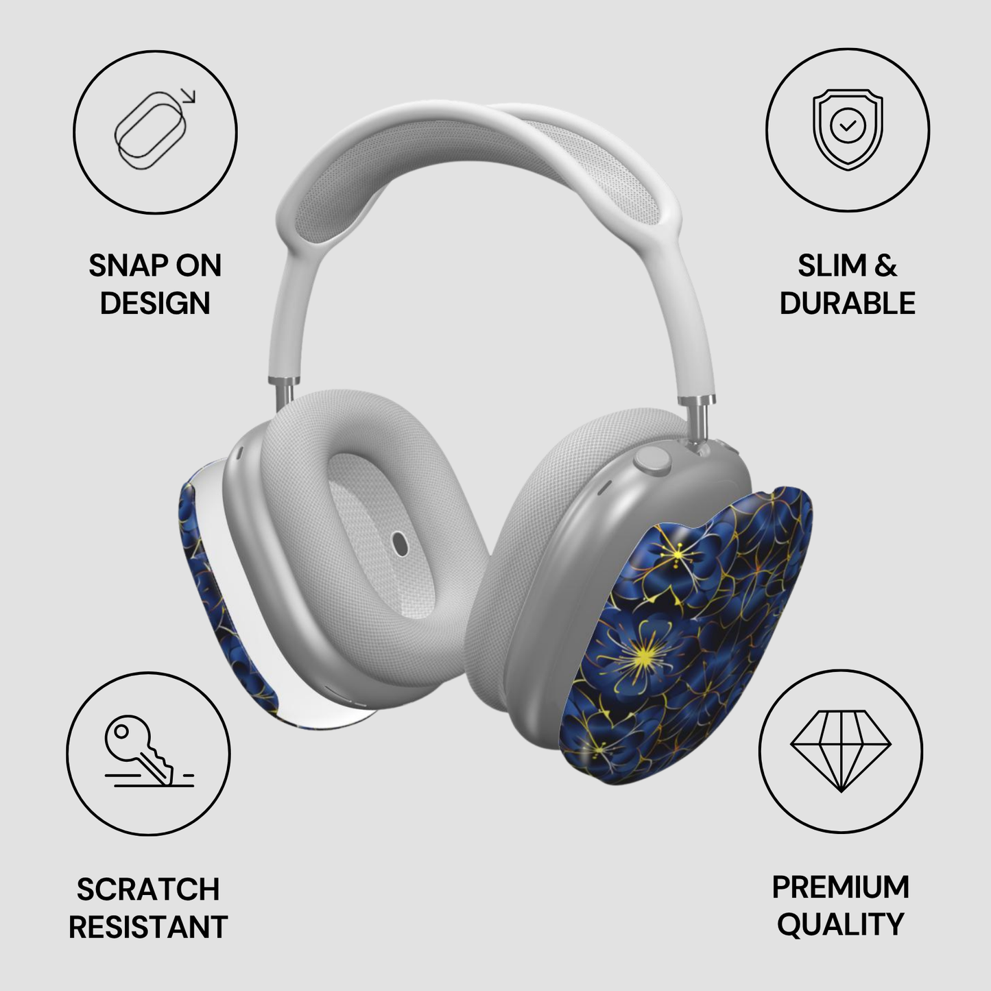 Gray headphones with colorful design on ear cups, featuring icons and text describing features.