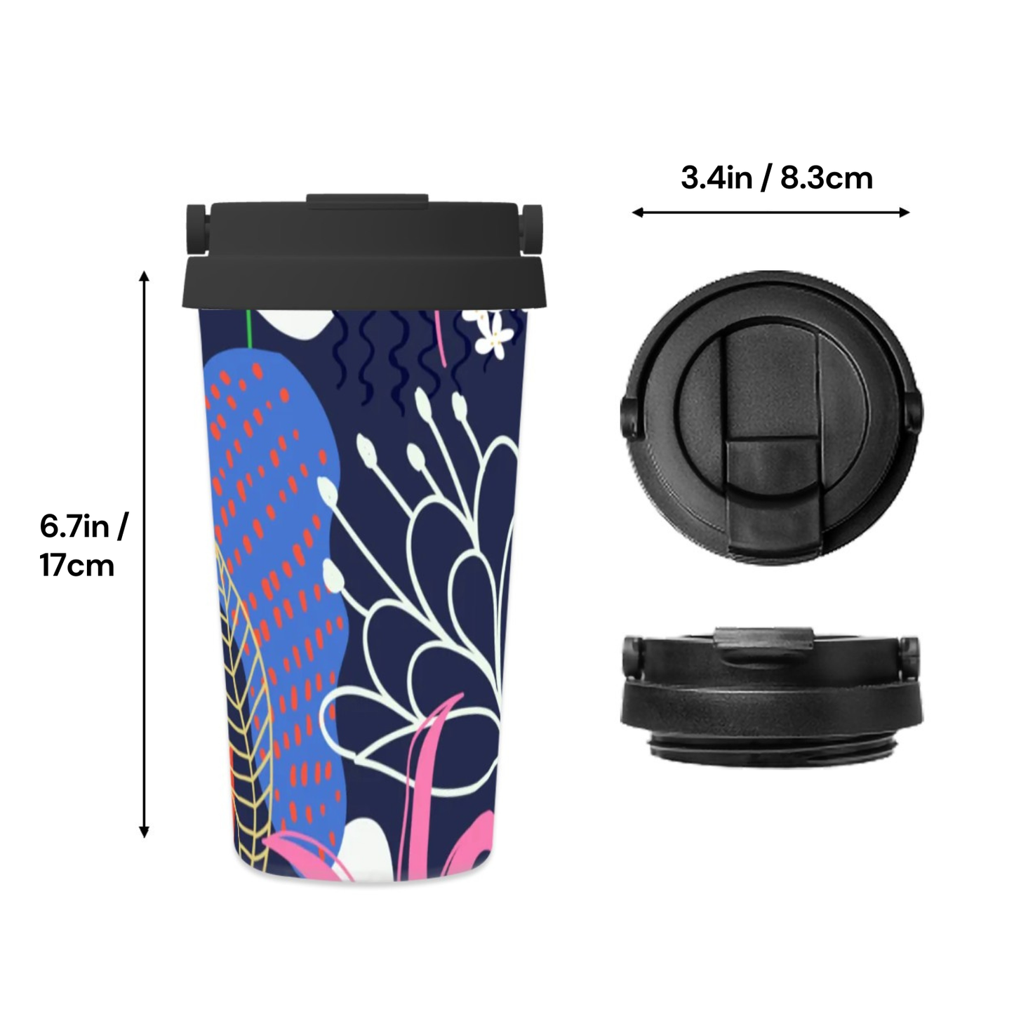 Travel mug with floral design, black lid, and measurements on a white background