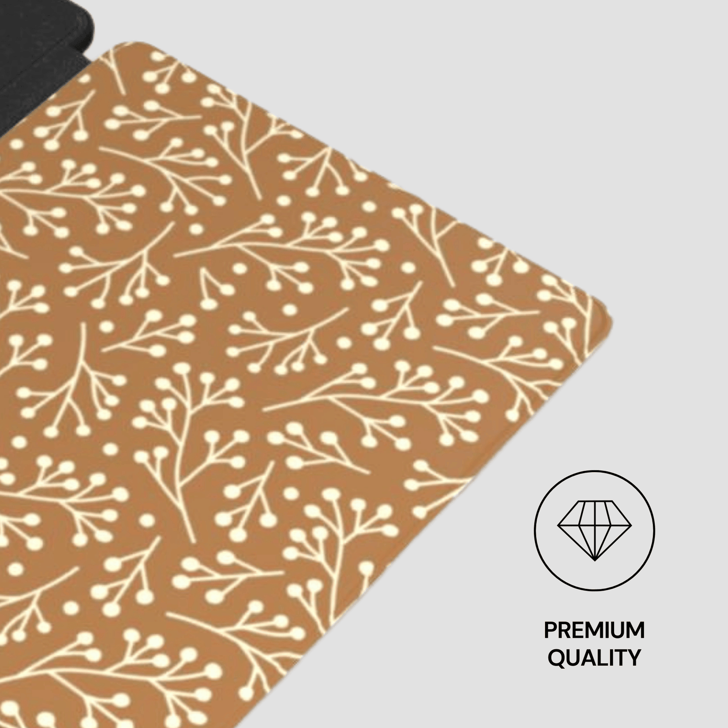 Patterned mat with white floral design on brown background, featuring a 'Premium Quality' label.
