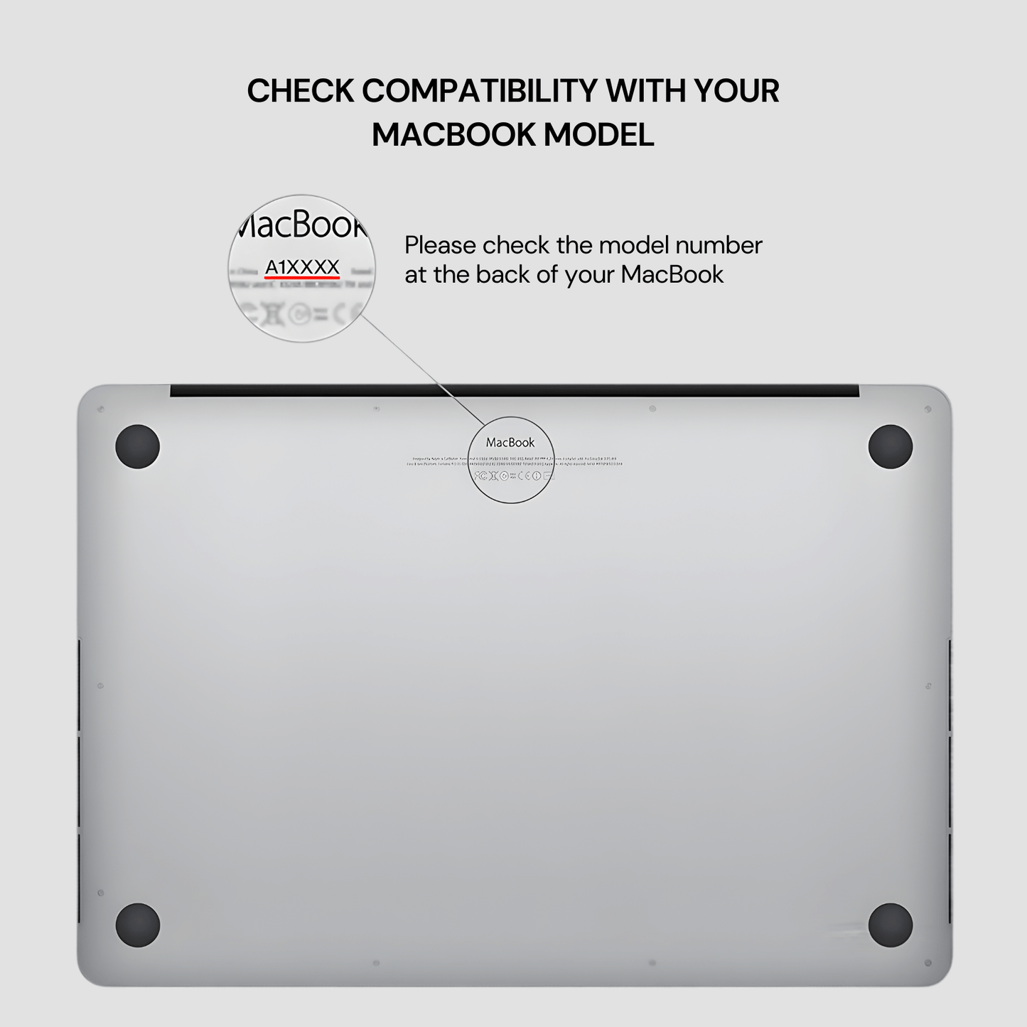 Back view of a MacBook with instructions on checking model compatibility.