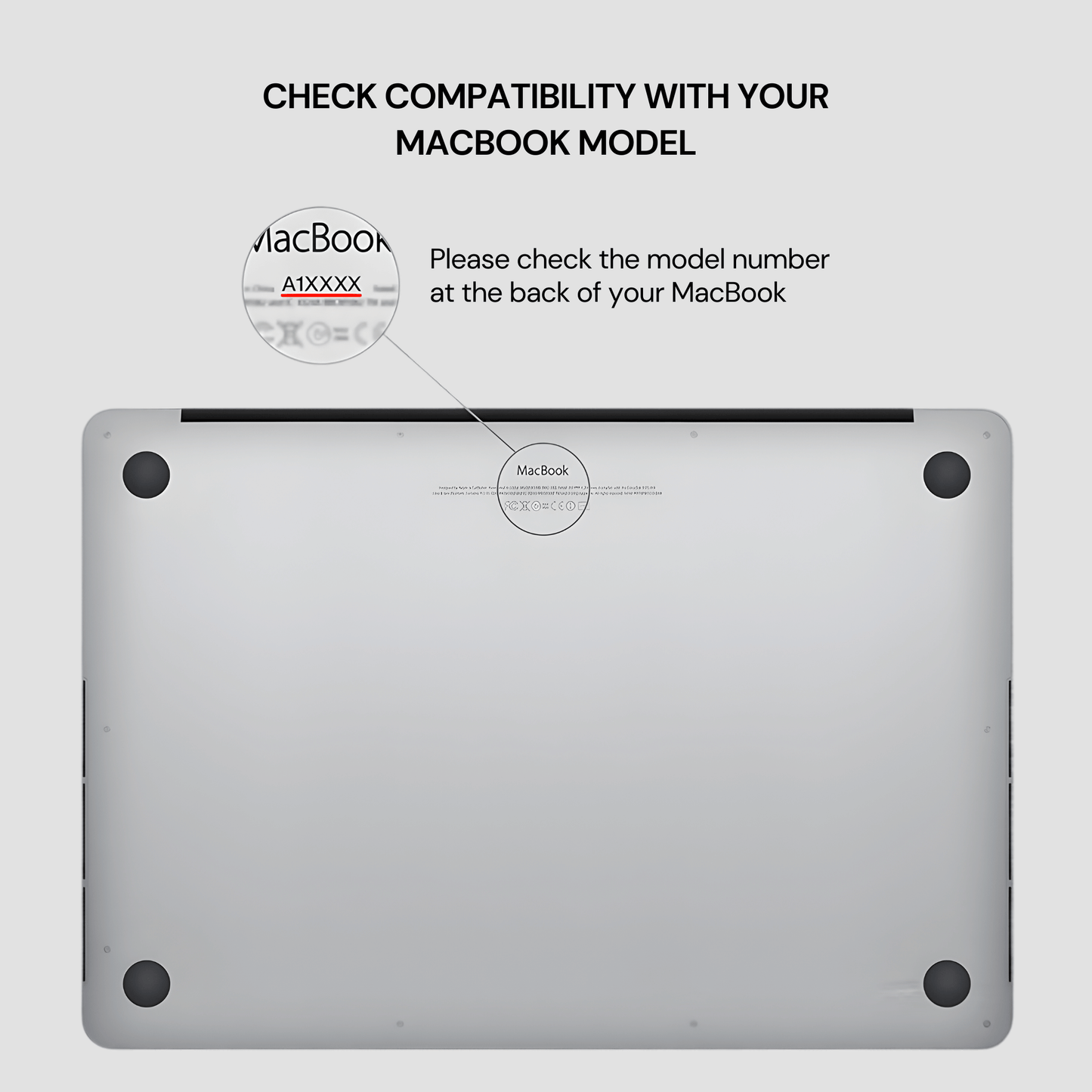 Back view of a MacBook with compatibility check instructions on a light gray background