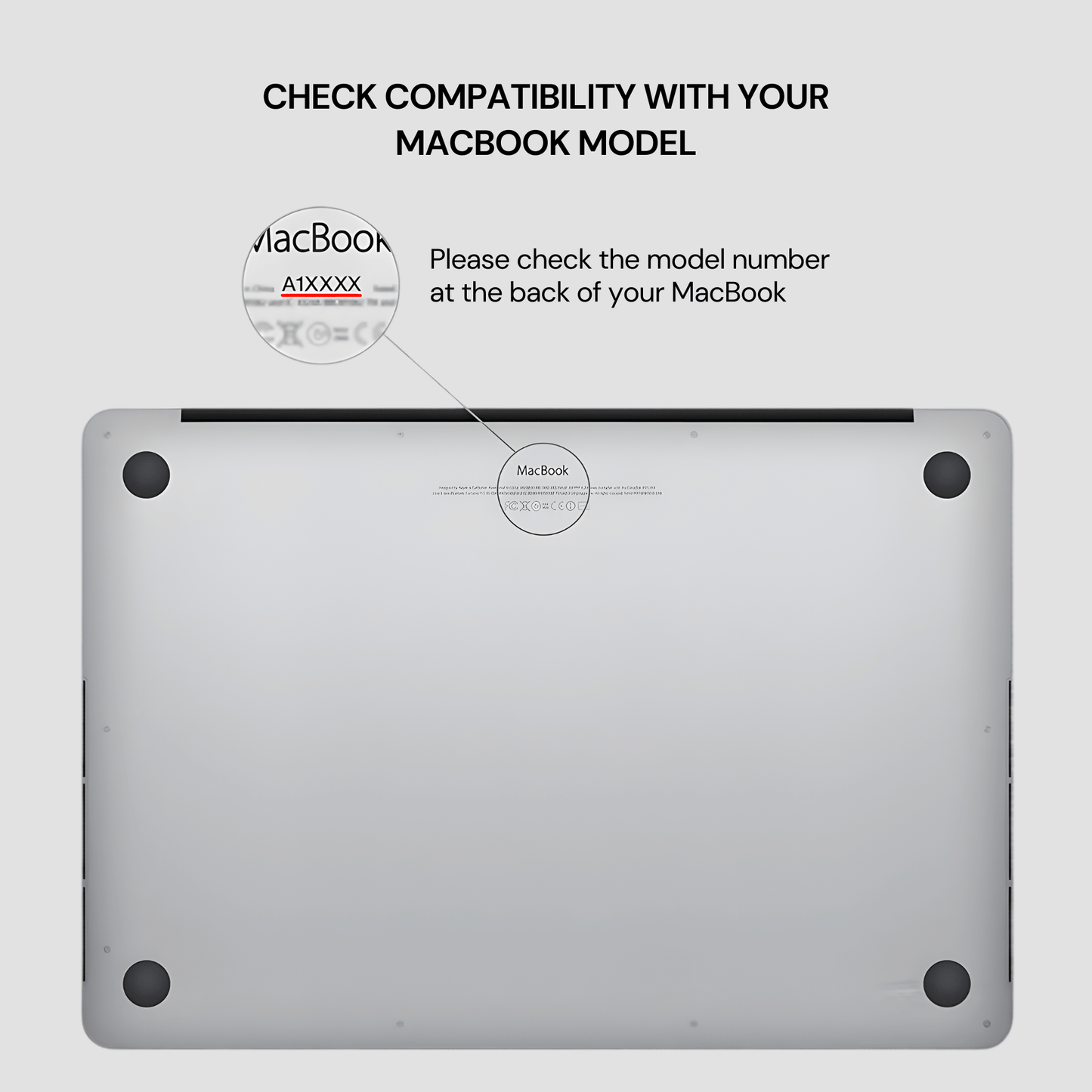 Back view of a MacBook with compatibility check instructions on a light gray background