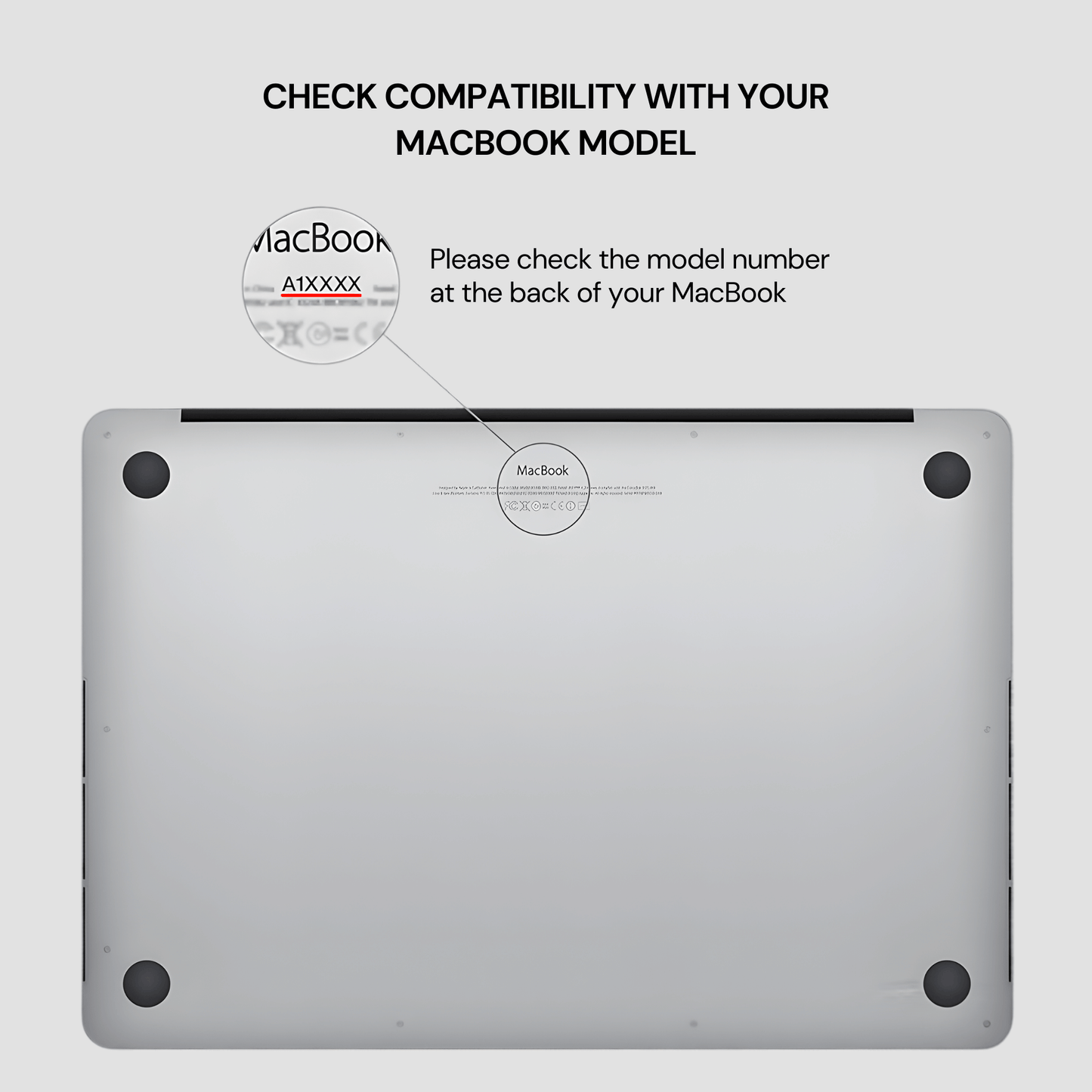 Back view of a MacBook with text instructing to check compatibility and model number.