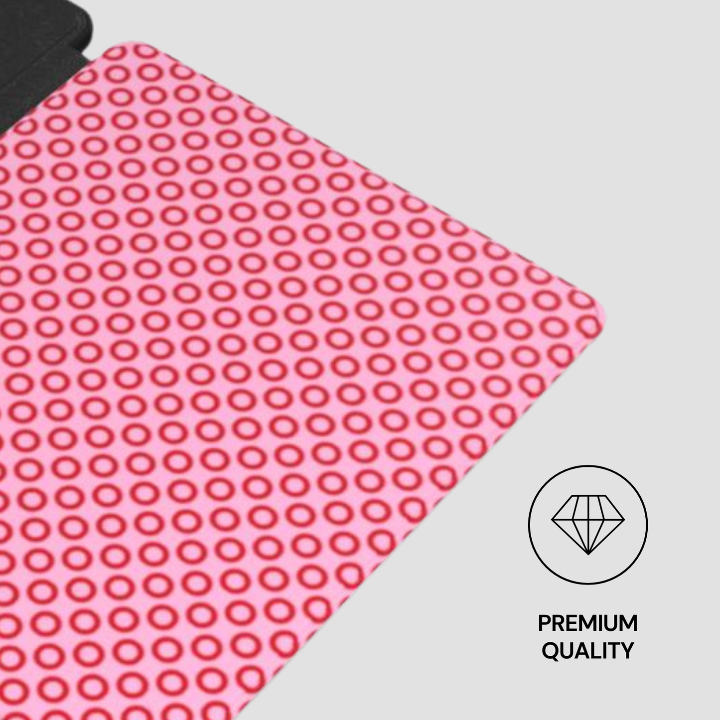 Pink textured mat with red circular pattern on a gray background, featuring a 'Premium Quality' label.