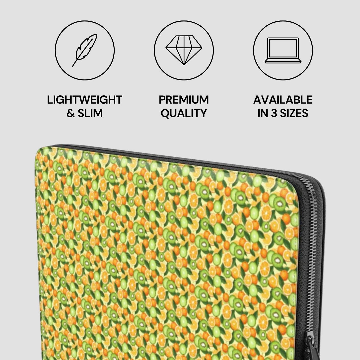 Laptop sleeve with kiwi pattern and product features on a gray background