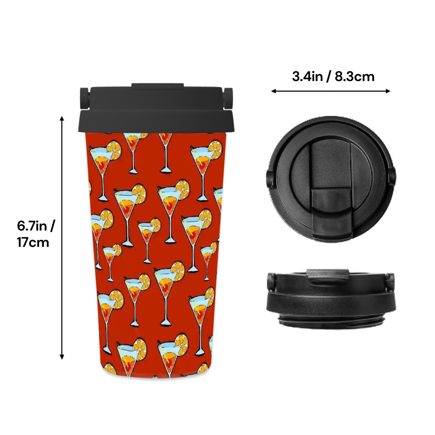 Travel mug with cocktail pattern and black lid, shown with measurements on a white background.