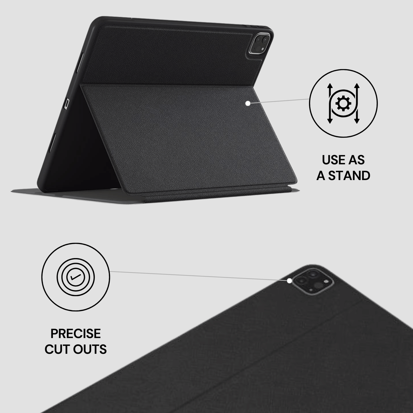 Black tablet case with stand feature on a light gray background