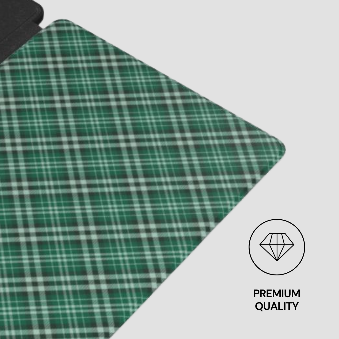 Green plaid fabric with a 'Premium Quality' label on a white background