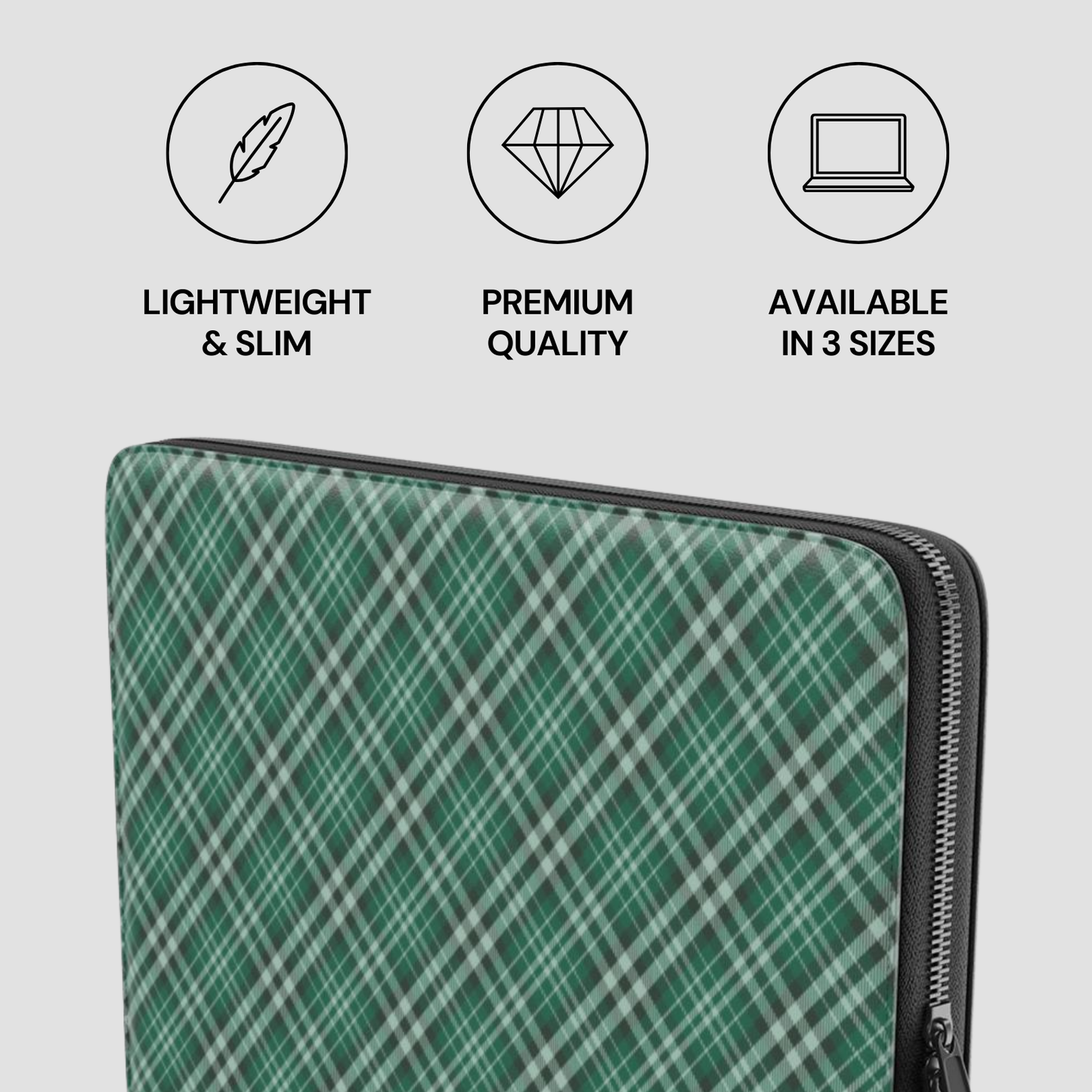 Green plaid laptop sleeve with size options icons on a gray background | Casenari