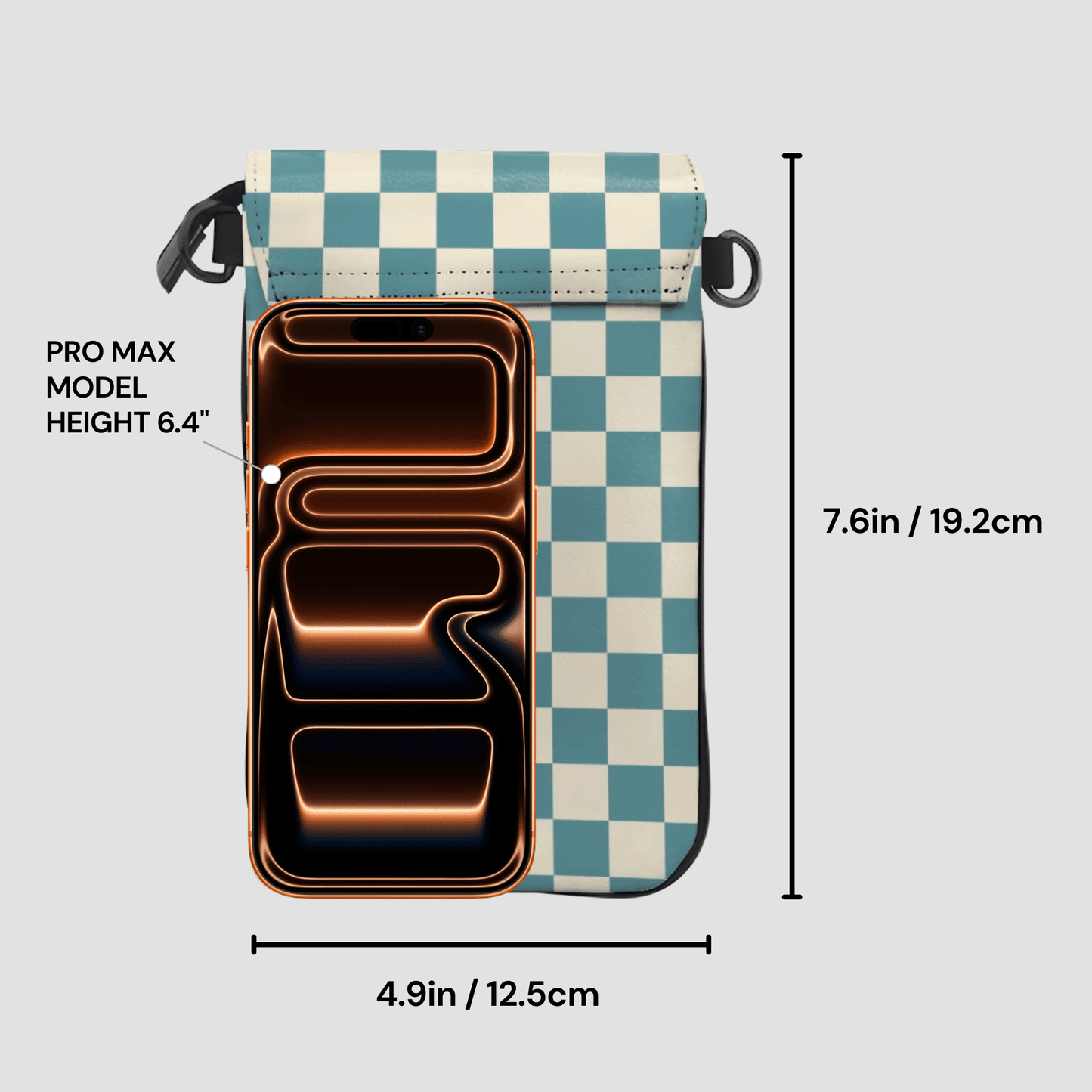 Phone case with checkered pattern and dimensions labeled on a gray background