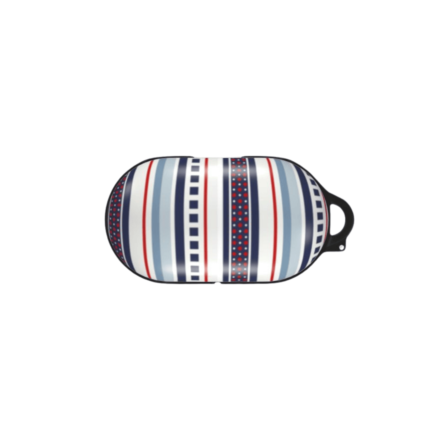 Striped samsung buds case with a black strap on a white background