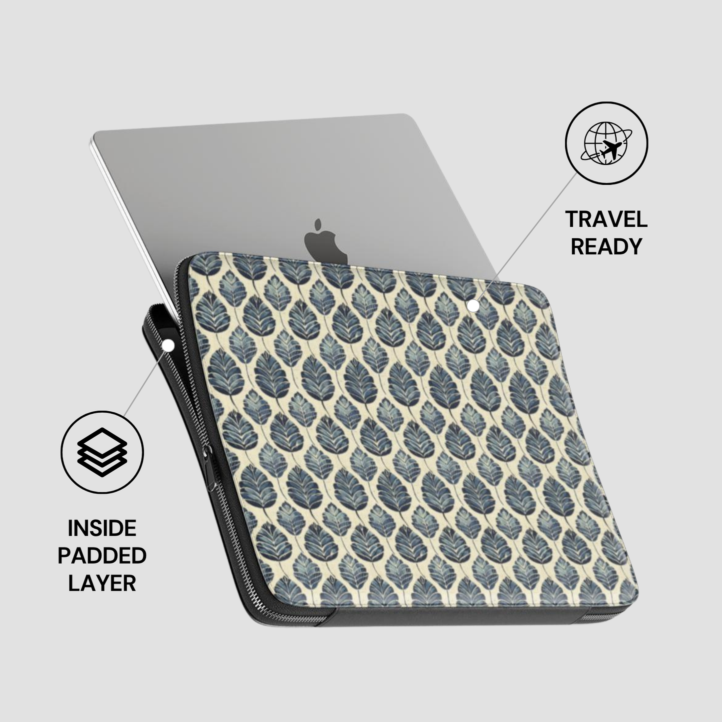 Floral patterned laptop sleeve with travel and product features on a gray background