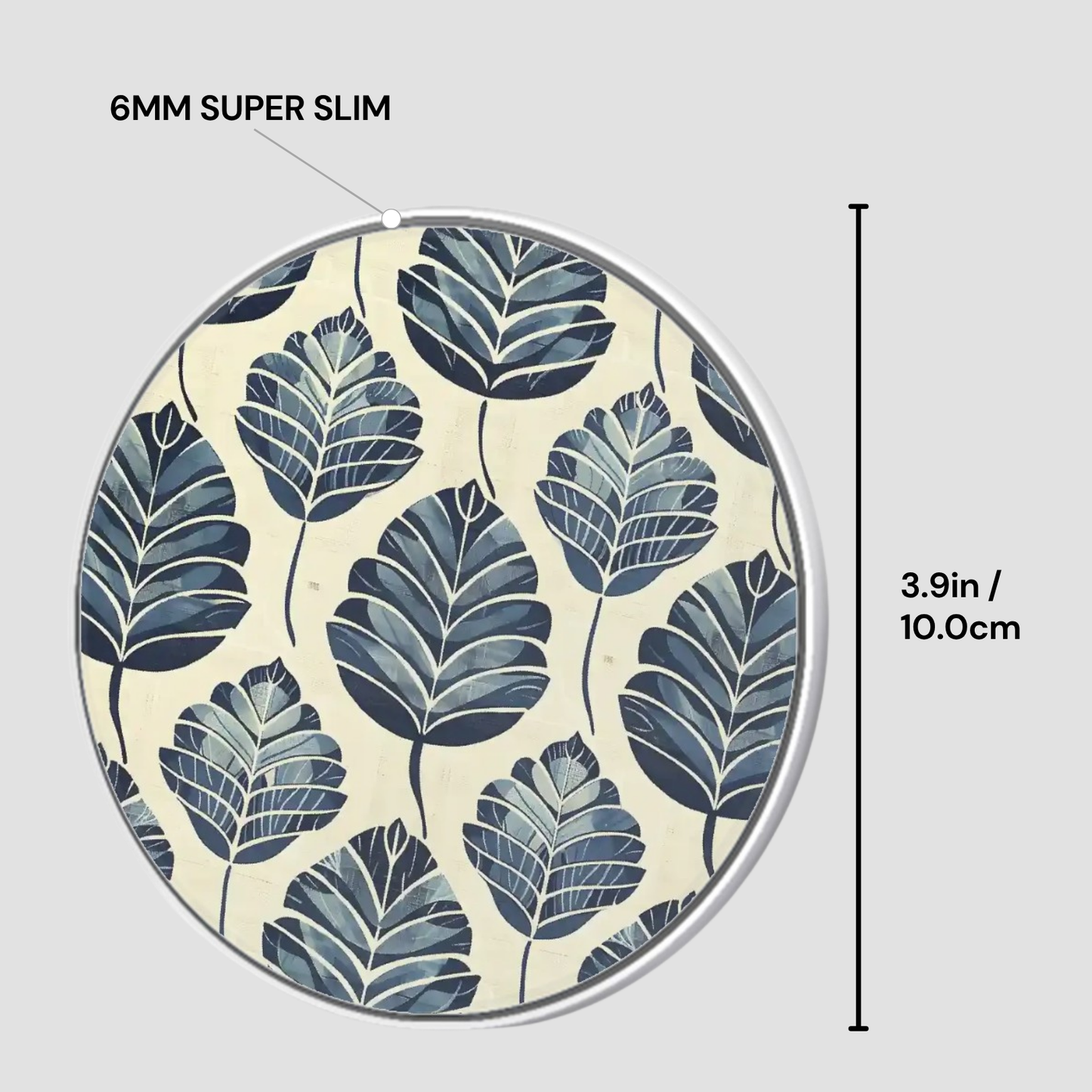 Circular product with leaf pattern and dimensions labeled on a light gray background
