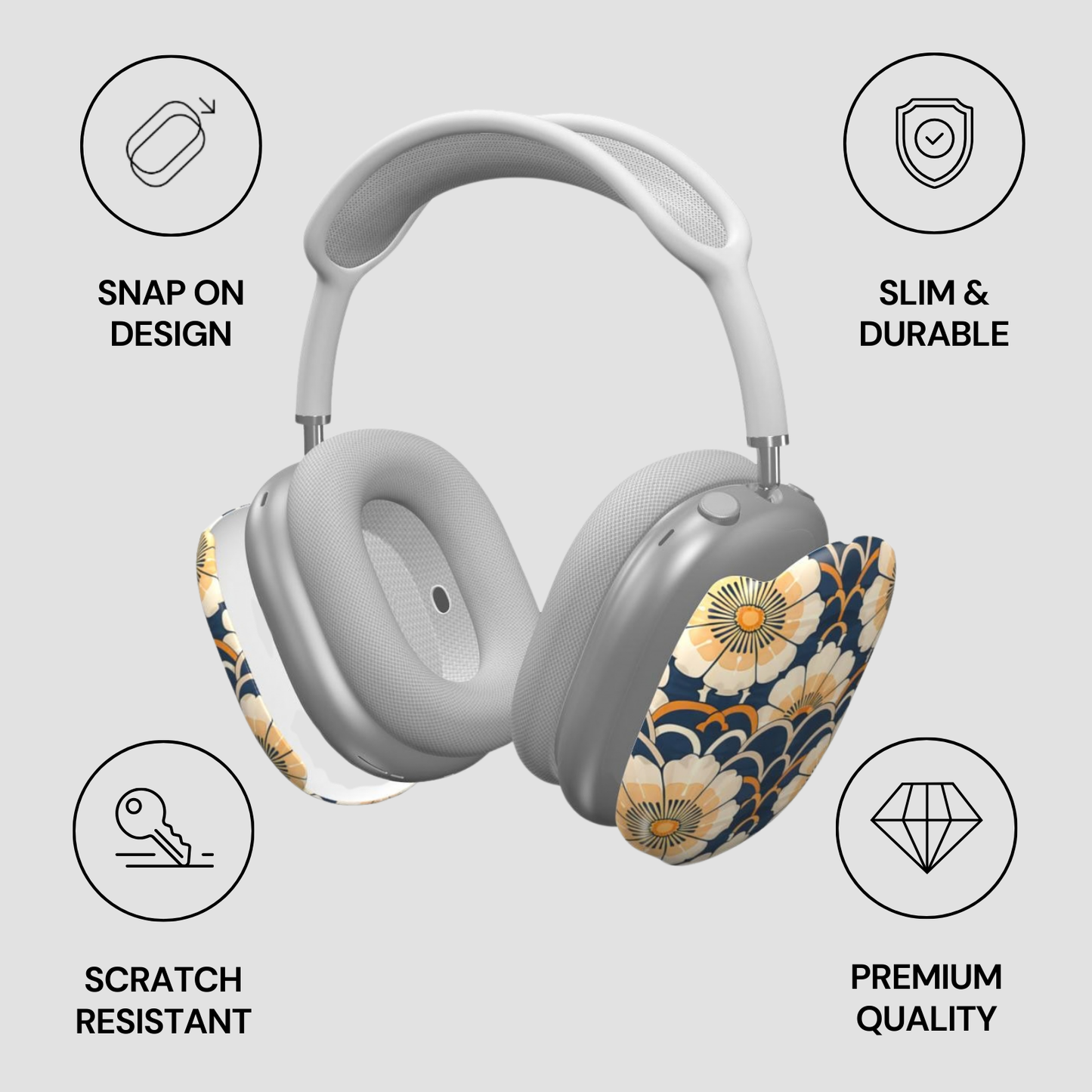 Gray headphones with floral design on a light gray background, featuring icons and text about product features.