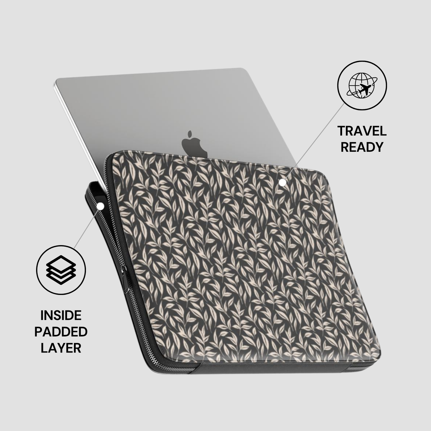 Laptop sleeve with leaf pattern and Apple logo on a light gray background