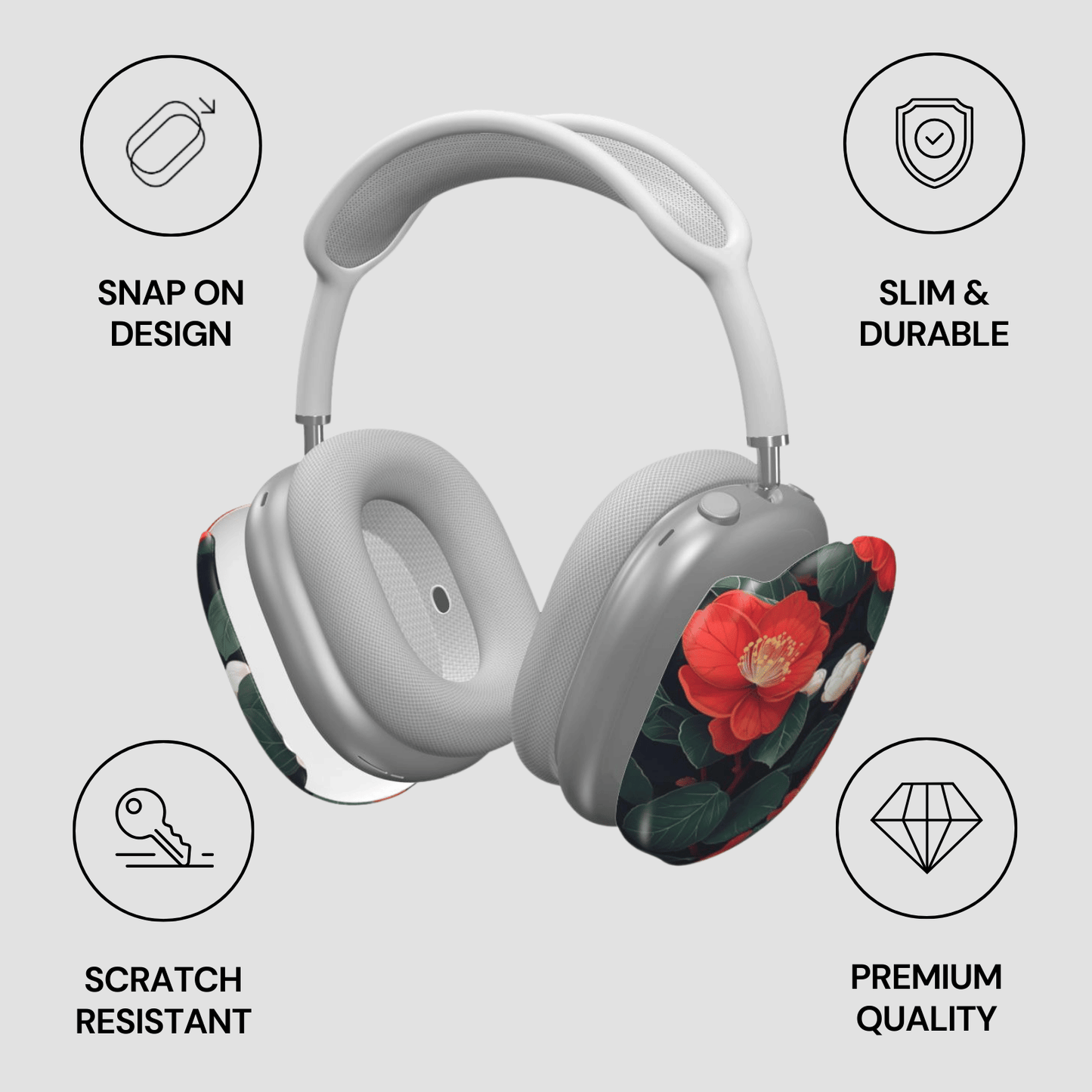 White headphones with floral design on a gray background, featuring icons and text about product features.