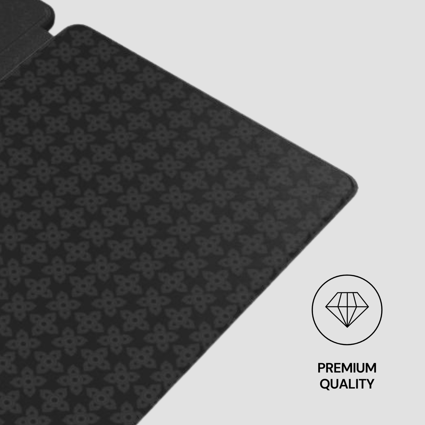 Black patterned mat with 'Premium Quality' label on a light gray background