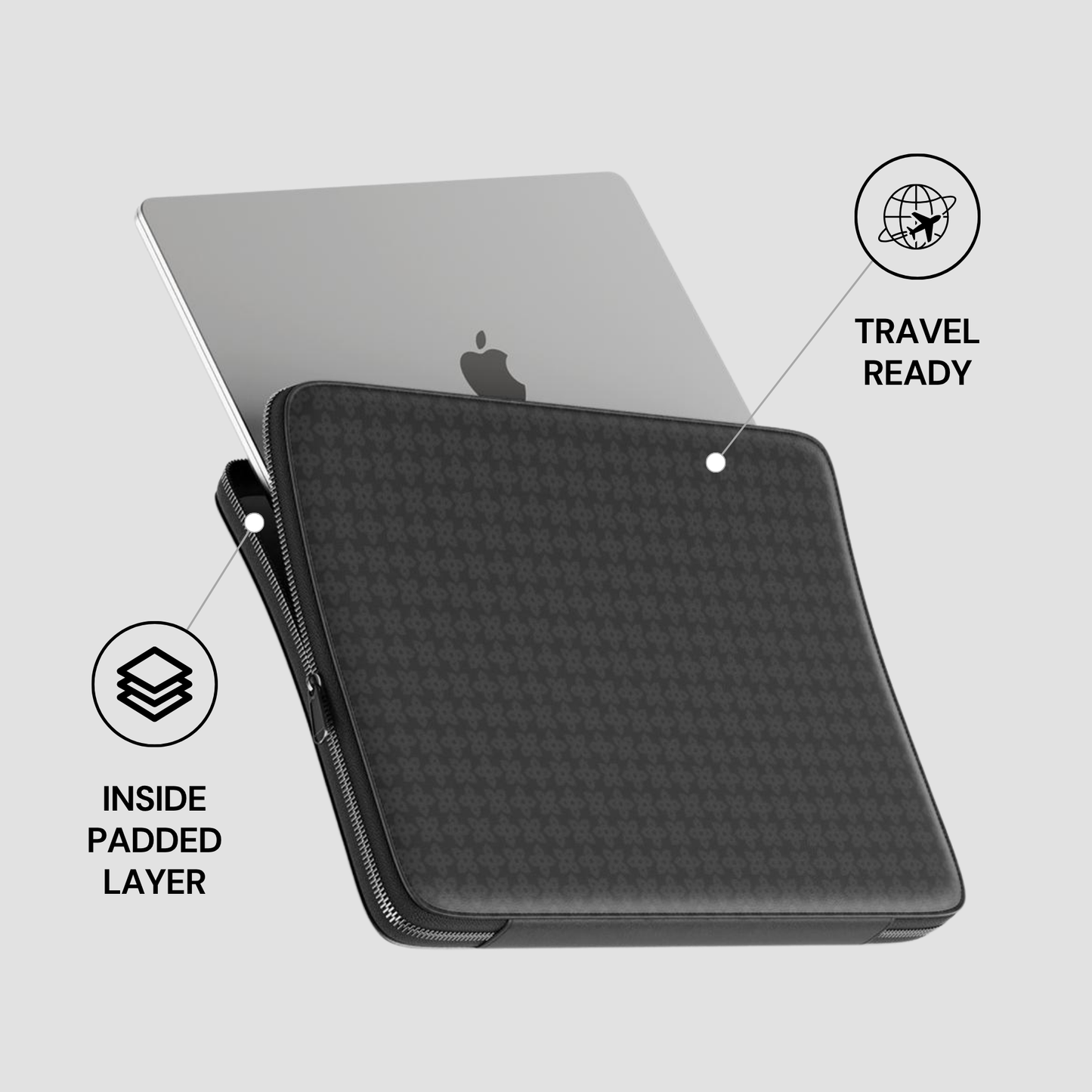 Black laptop case with gray laptop inside, labeled 'Inside Padded Layer' and 'Travel Ready'.
