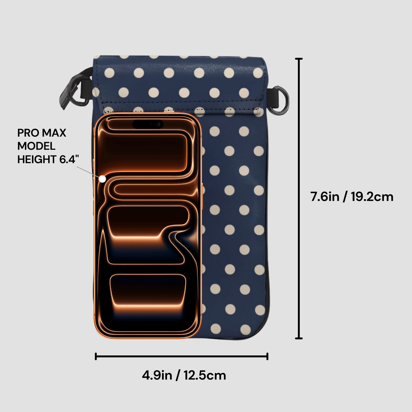 Phone case with polka dot pattern and measurements on a gray background
