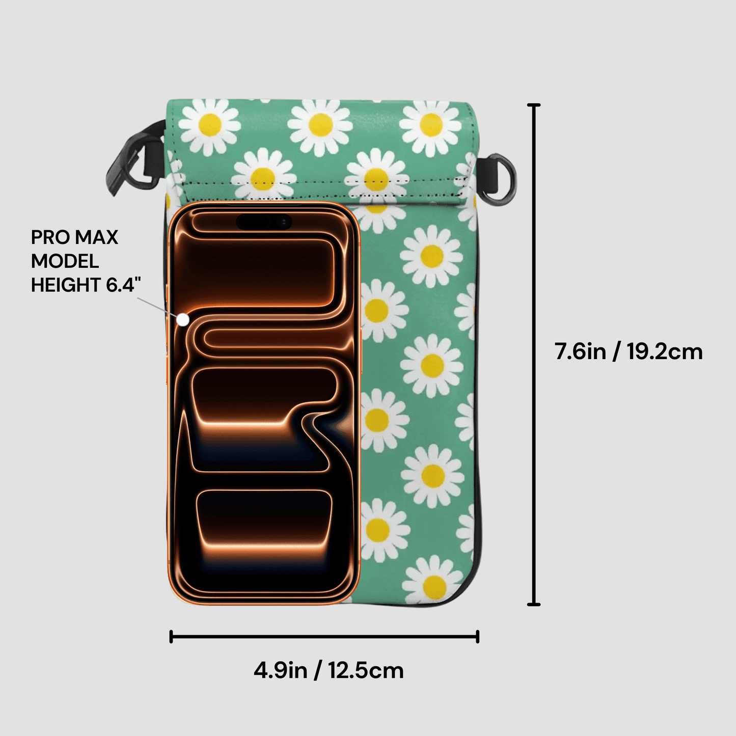 Phone case with daisy pattern and measurements on a light gray background