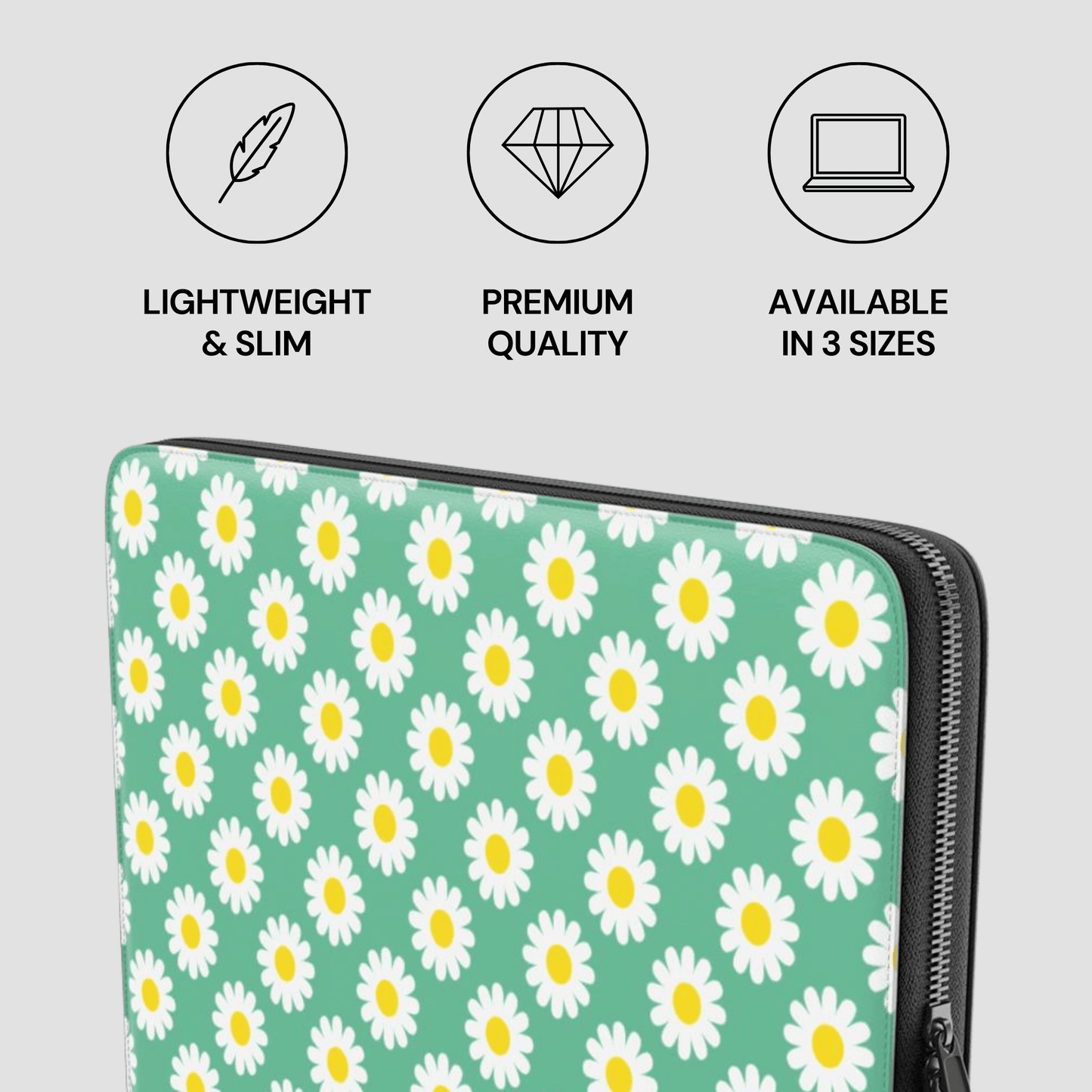 Laptop sleeve with daisy pattern on a light gray background with icons and text about product features.