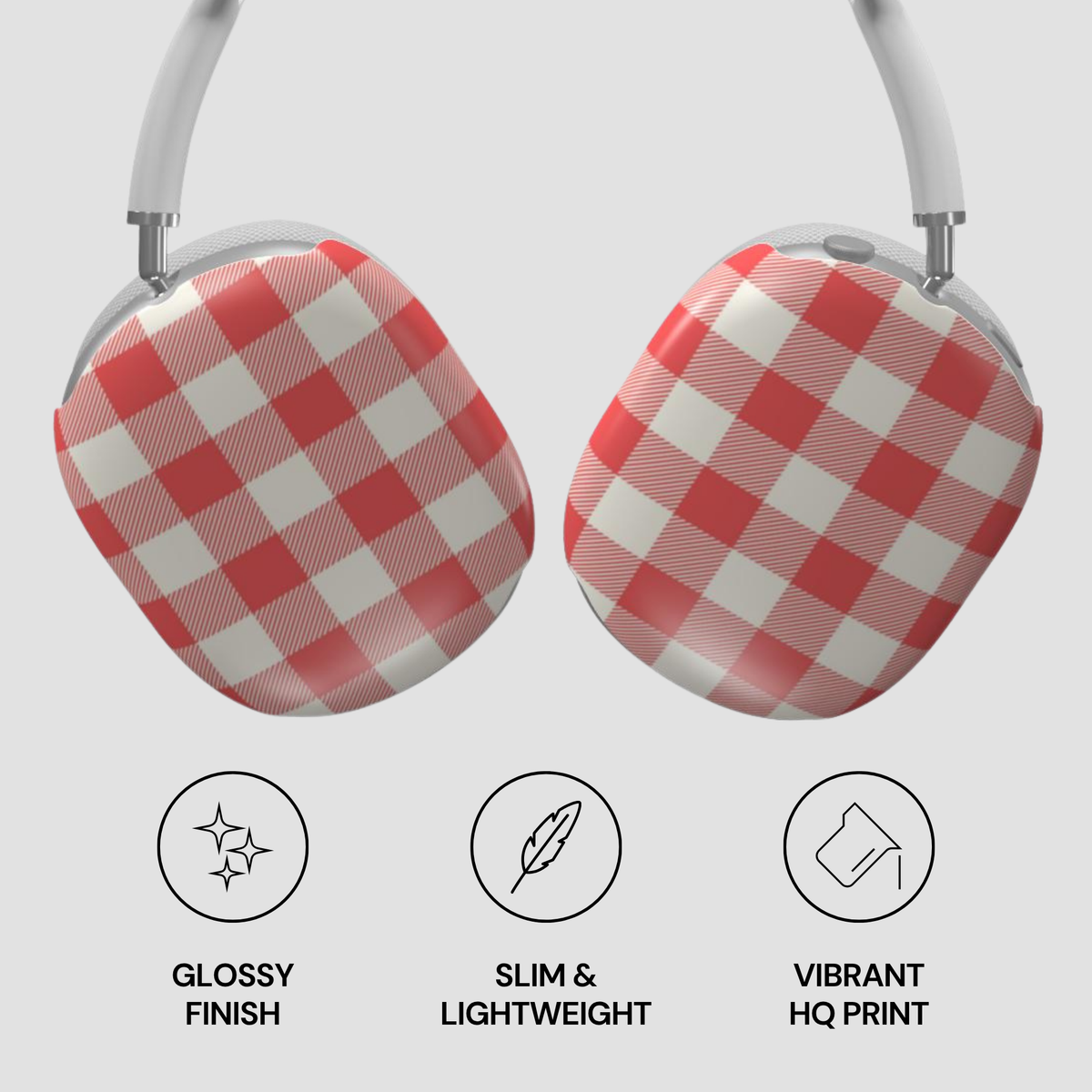 Red and white checkered over-ear headphones shown from the back, with three feature icons below reading 'Glossy Finish', 'Slim & Lightweight', and 'Vibrant HQ Print' on a light gray background.