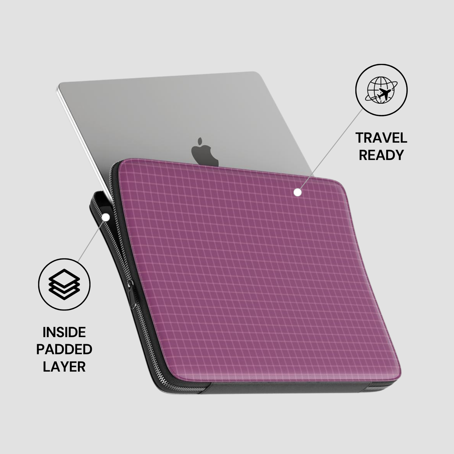 Purple grid-patterned laptop sleeve with Apple laptop on a light gray background