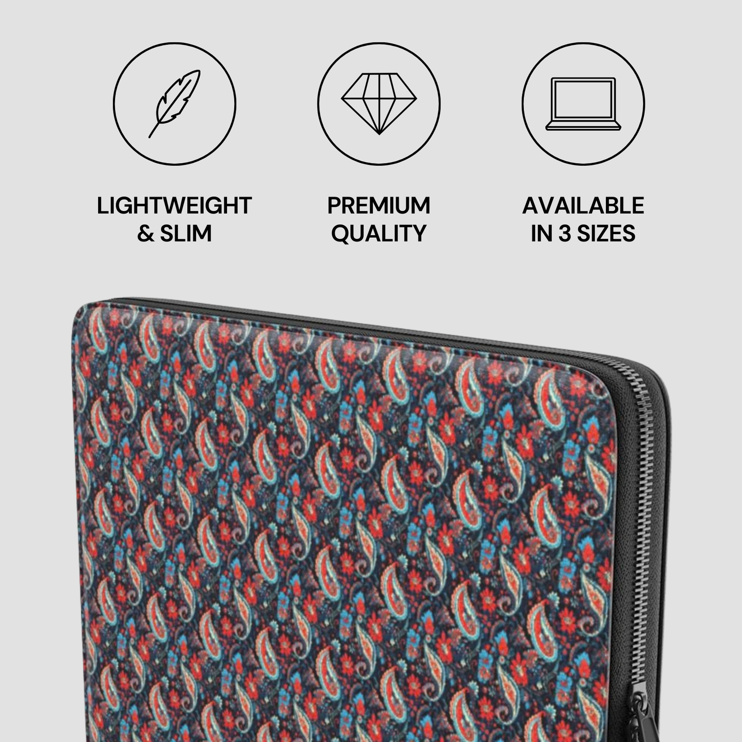 Patterned laptop sleeve with icons and text indicating features on a light gray background