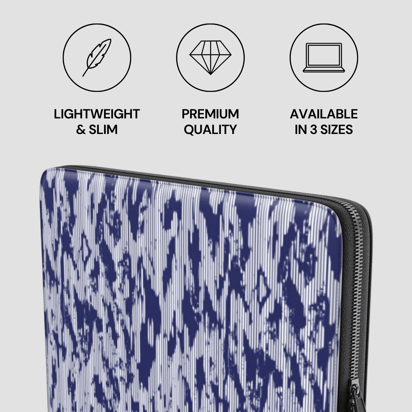 Laptop sleeve with blue abstract pattern on a gray background with product features listed.