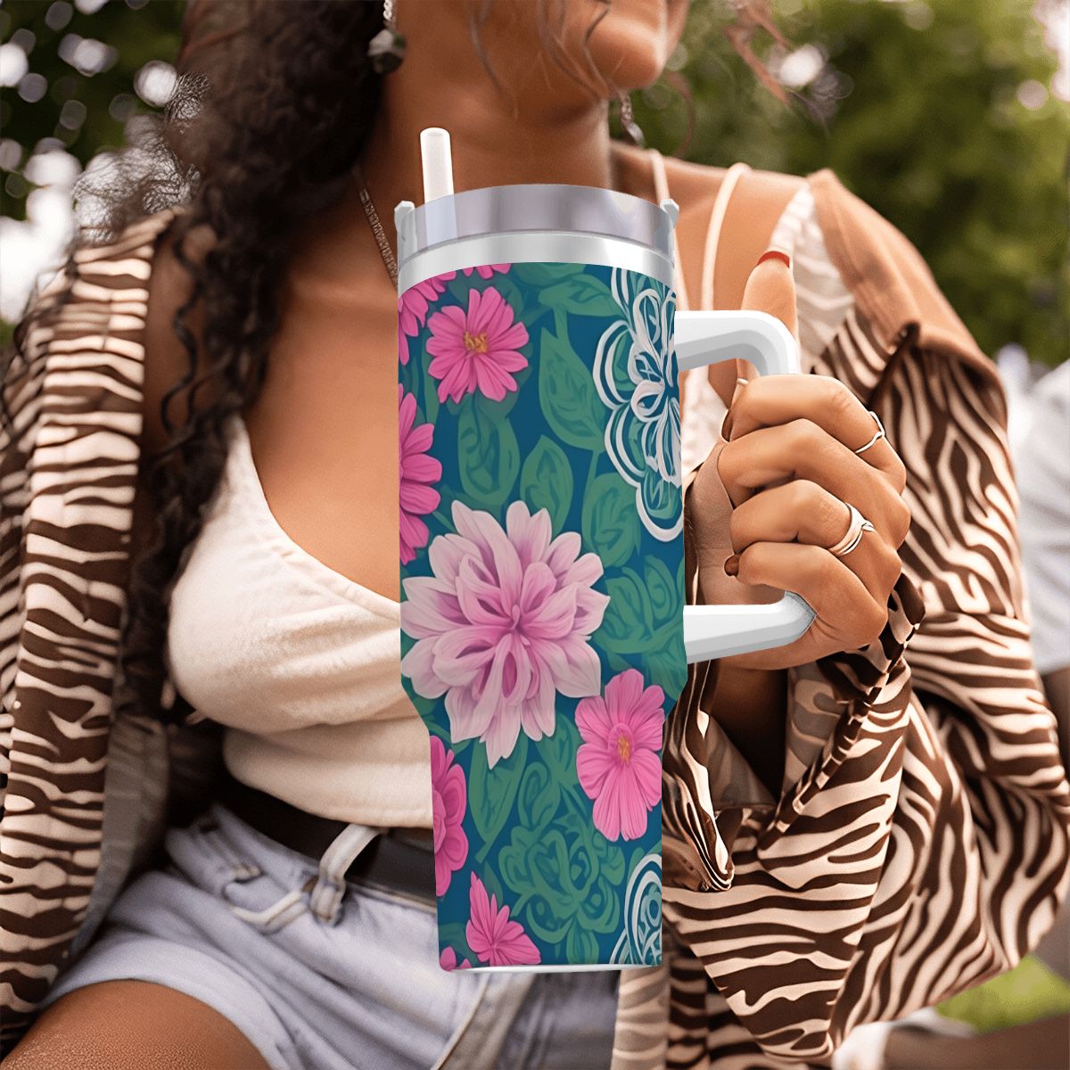 Person holding a floral Starbucks tumbler outdoors