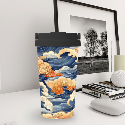 Tumbler with wave design on a desk next to a framed picture and books