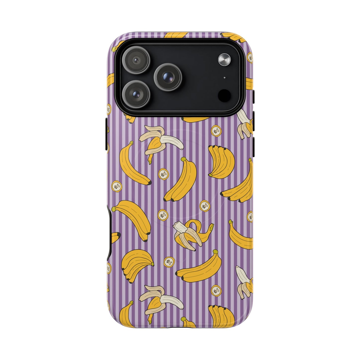 Phone case with banana pattern on a purple background