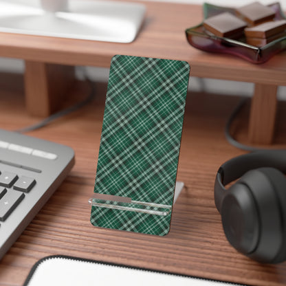 Green plaid phone stand on a desk with keyboard, mouse, and headphones. | Casenari