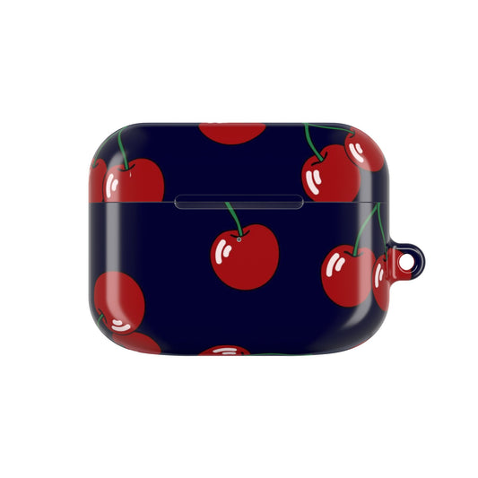 Navy blue case with red cherry pattern on a white background