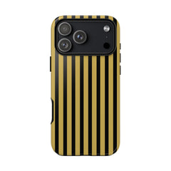 Phone case with black and gold vertical stripes on a white background