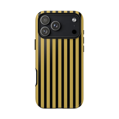 Phone case with black and gold vertical stripes on a white background