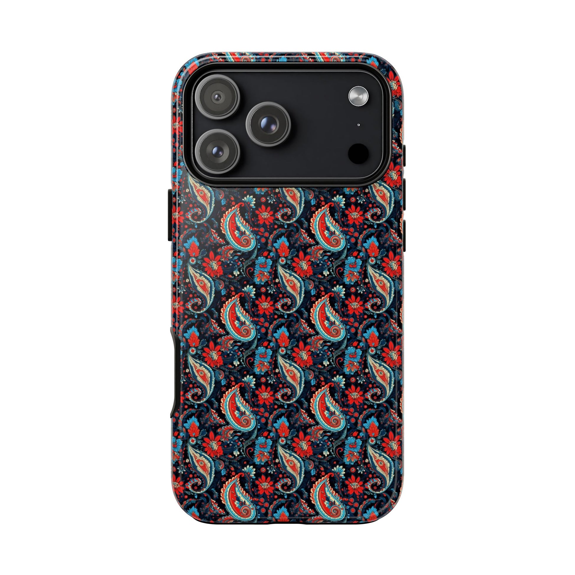 Phone case with a colorful paisley pattern on a white background