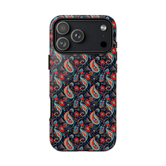 Phone case with a colorful paisley pattern on a white background
