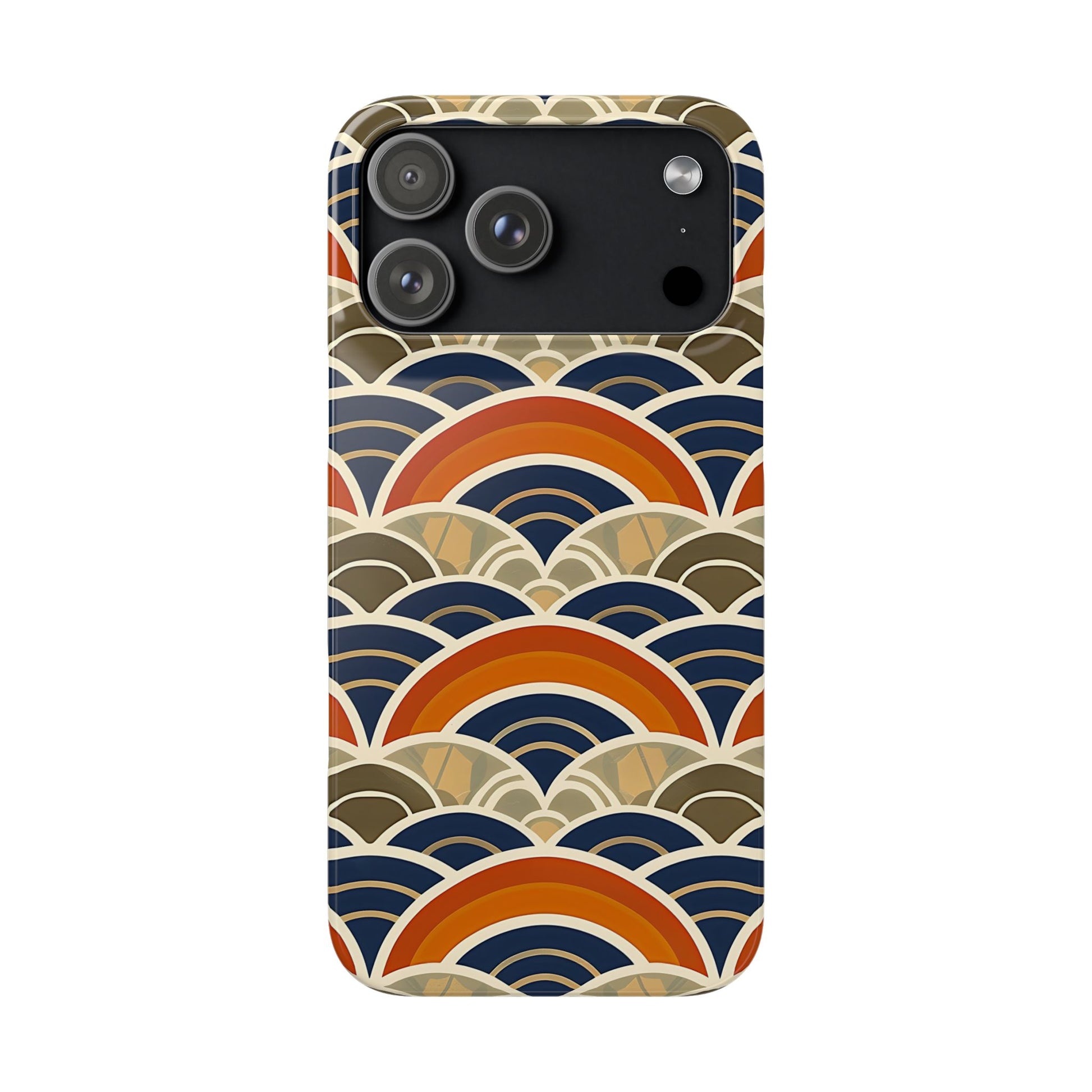 Phone case with a geometric wave pattern on a white background