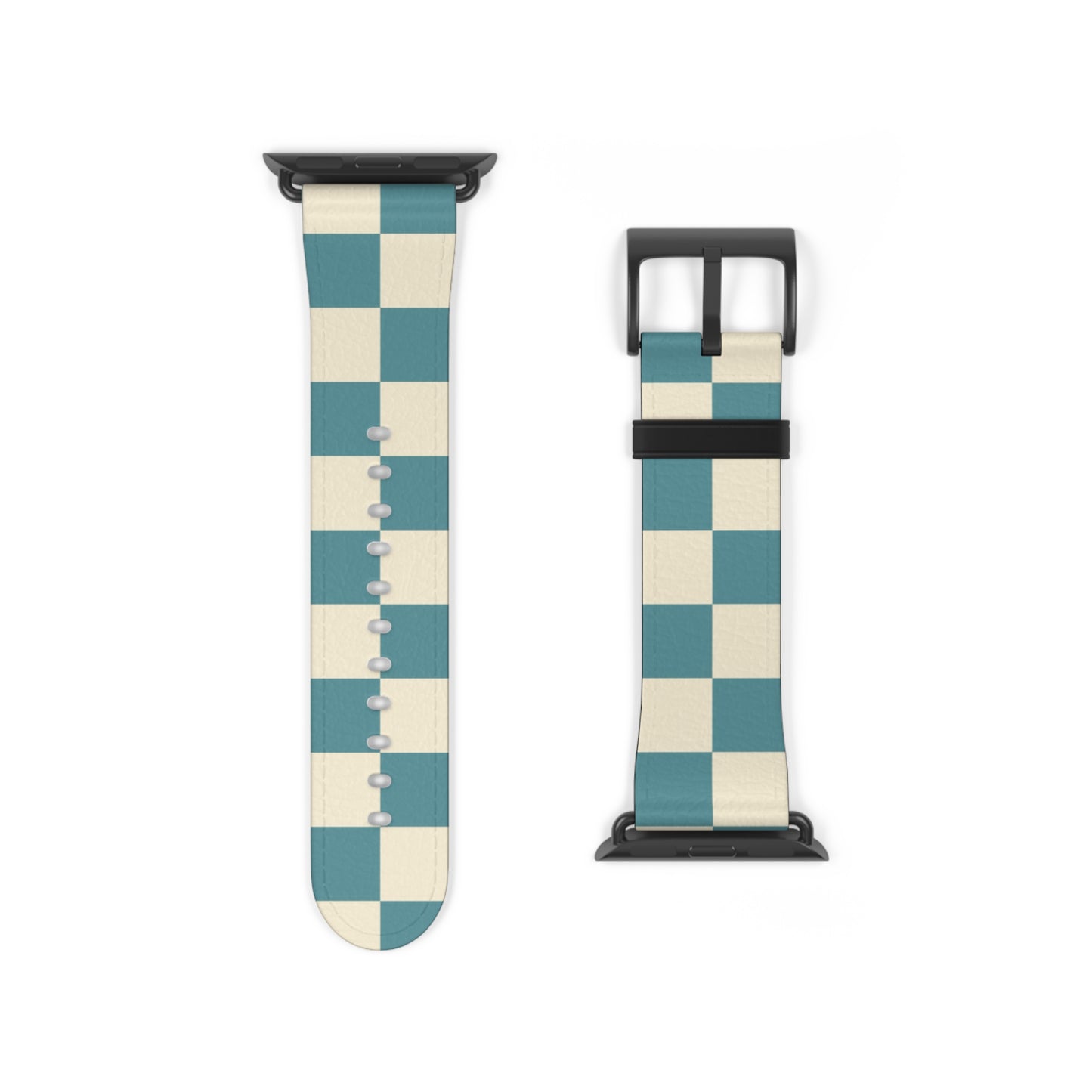 Checkered watch band with blue and beige pattern on a white background