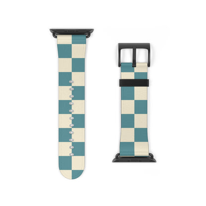 Checkered watch band with blue and beige pattern on a white background