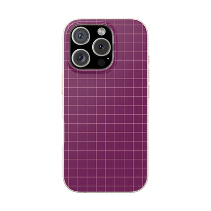 Phone case with purple grid pattern on a white background