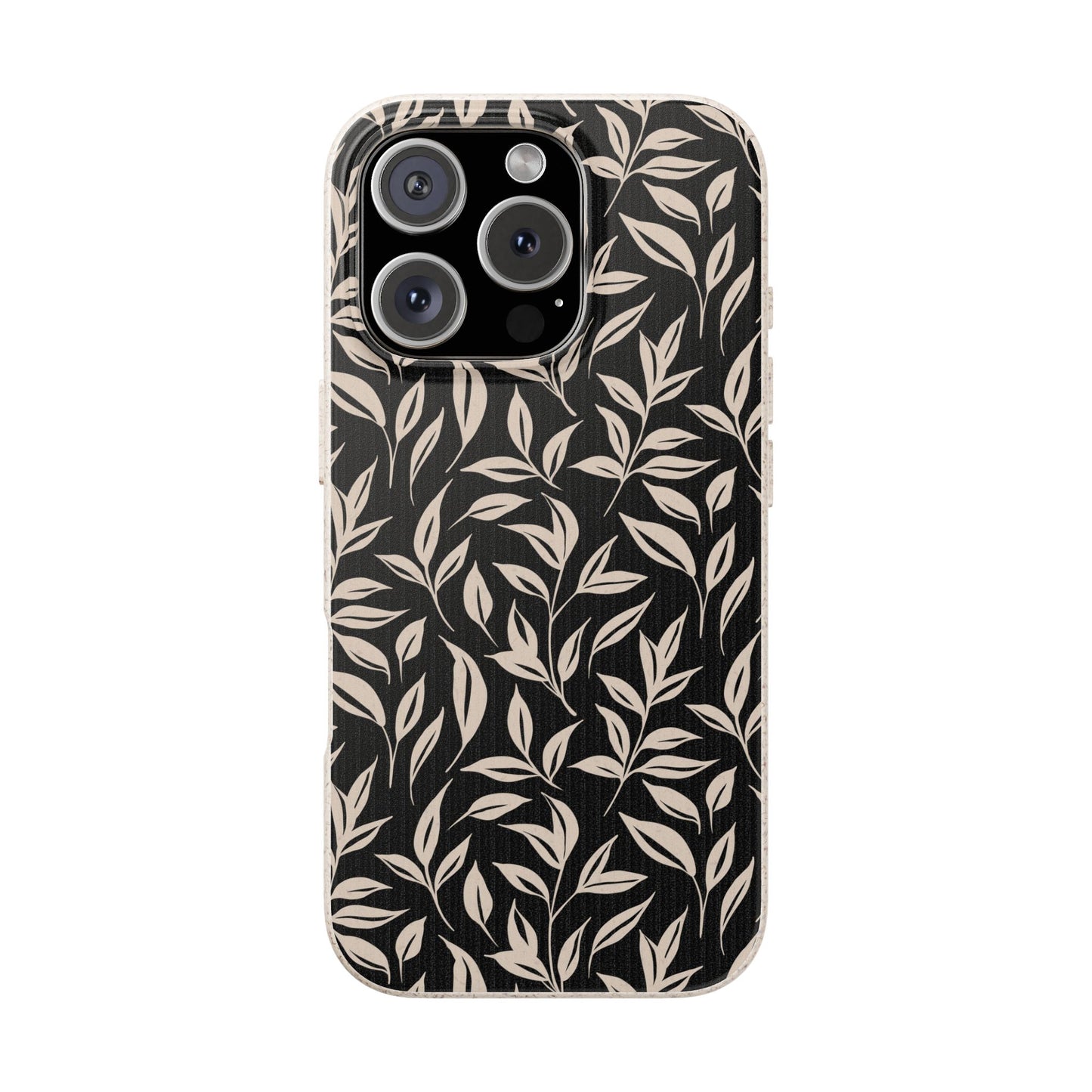 Phone case with leaf pattern on a black background