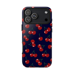 Phone case with cherry pattern on a dark blue background