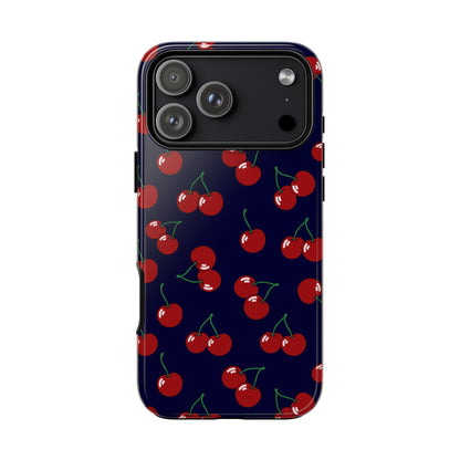 Phone case with cherry pattern on a dark blue background