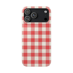 Red and white checkered phone case on a white background