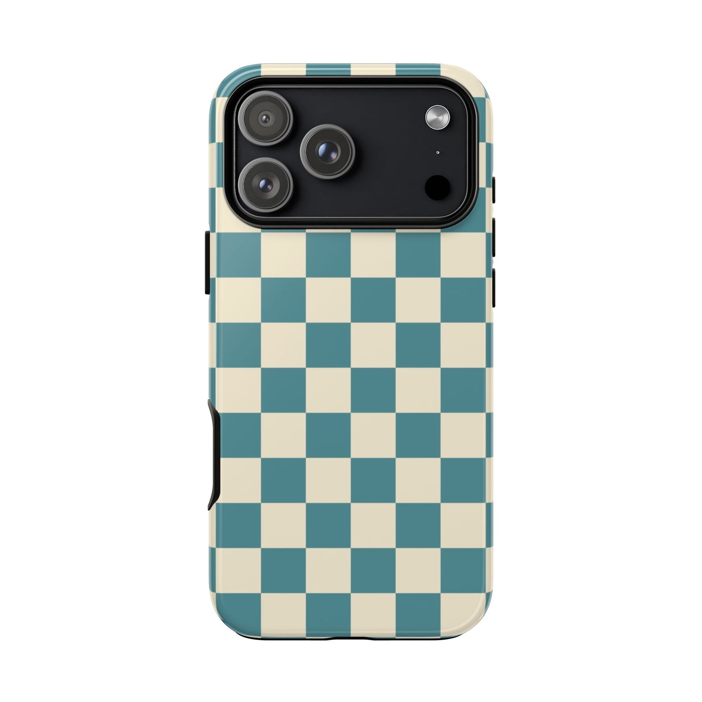 Phone case with blue and white checkered pattern on a white background