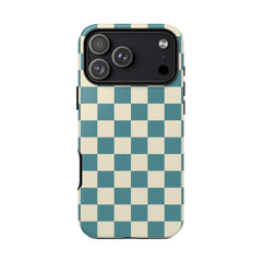 Phone case with blue and white checkered pattern on a white background